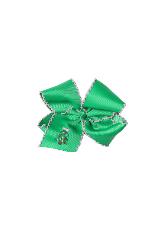 The Smocked Flamingo Apparel & Accessories Embroidered Christmas Tree Scalloped Edge Grosgrain Bow Green/Pink