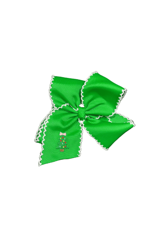 The Smocked Flamingo Apparel & Accessories Embroidered Christmas Tree Scalloped Edge Grosgrain Bow Green/White