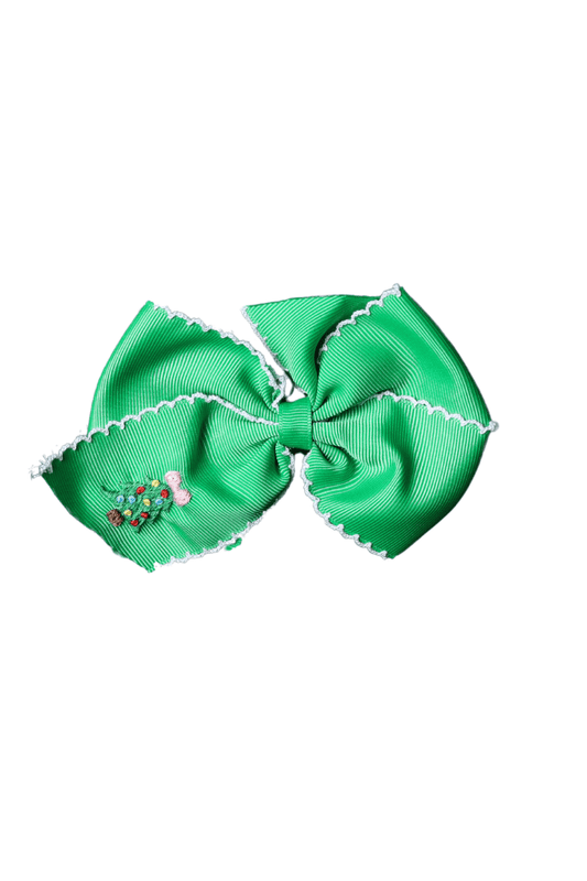 The Smocked Flamingo Apparel & Accessories Embroidered Christmas Tree Scalloped Edge Grosgrain Bow Green/White