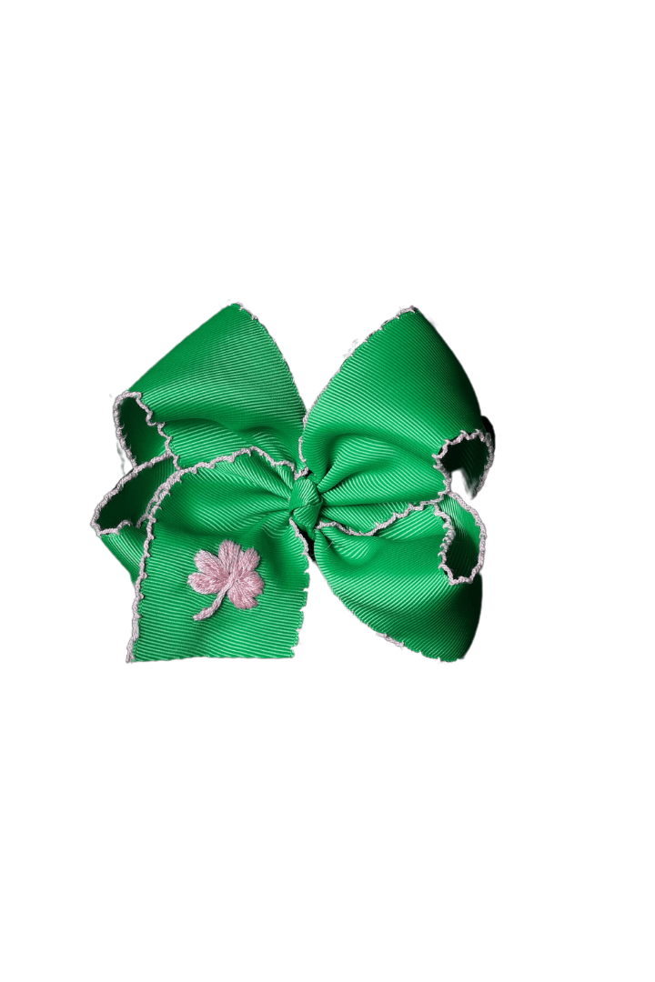 The Smocked Flamingo Apparel & Accessories Embroidered Clover Scalloped Edge Grosgrain Bow Green/Pink