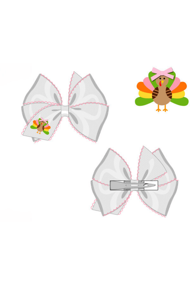 The Smocked Flamingo Apparel & Accessories Embroidered Colorful Turkey Scalloped Edge Grosgrain Bow