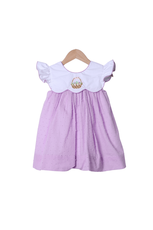 The Smocked Flamingo Apparel & Accessories Embroidered Easter Basket Lavender Swiss Dot Dress