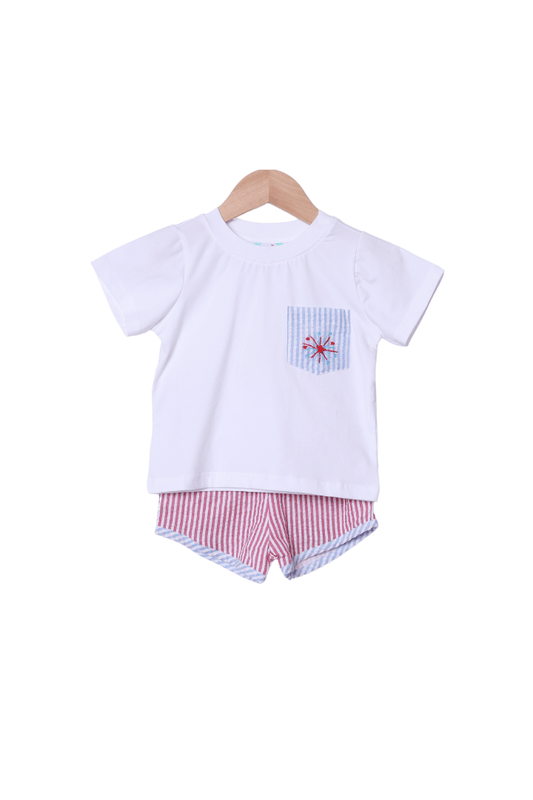 The Smocked Flamingo Apparel & Accessories Embroidered Firework Seersucker Short Set