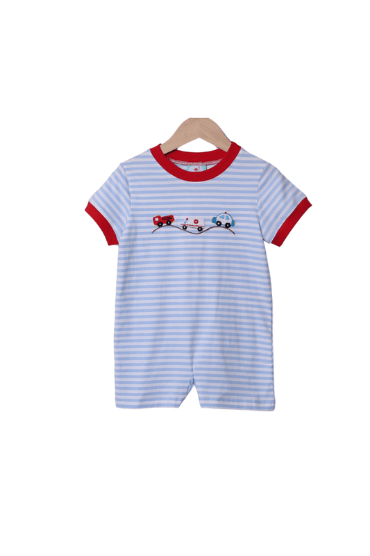 The Smocked Flamingo Apparel & Accessories Embroidered First Responders Blue Stripe Romper
