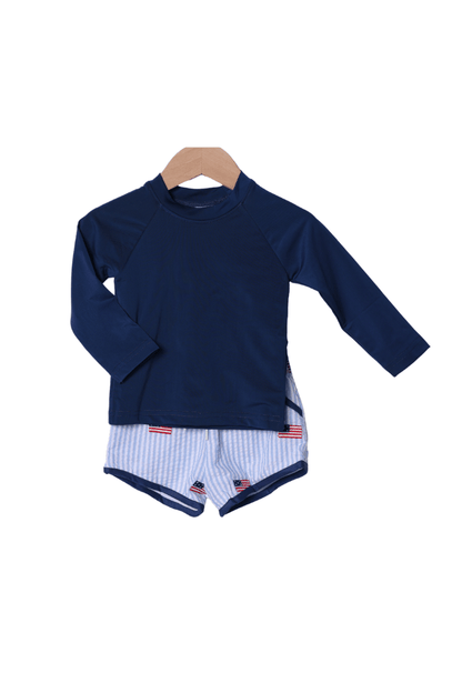 The Smocked Flamingo Apparel & Accessories Embroidered Flag Blue Seersucker 2 pc Rash Guard and Trunks