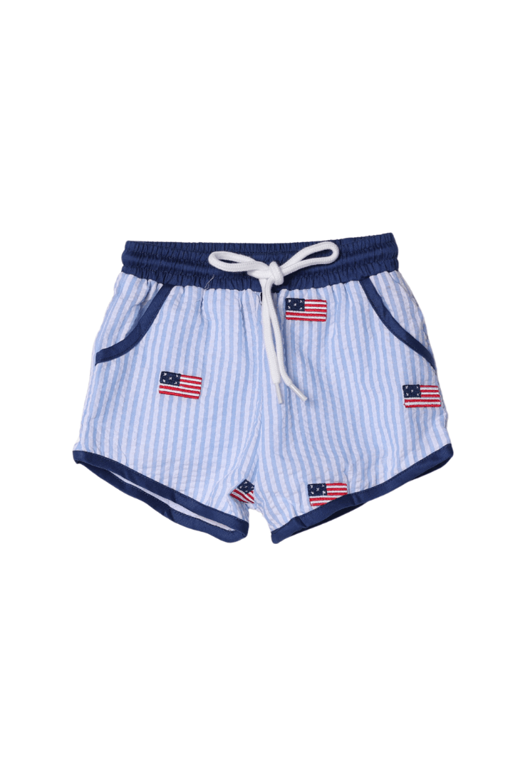 The Smocked Flamingo Apparel & Accessories Embroidered Flag Blue Seersucker 2 pc Rash Guard and Trunks