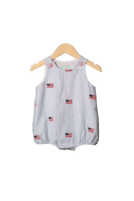 The Smocked Flamingo Apparel & Accessories Embroidered Flag Blue Seersucker Bubble