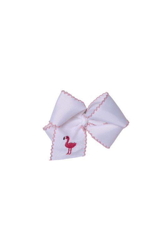 The Smocked Flamingo Apparel & Accessories Embroidered Flamingo Scalloped Edge Grosgrain Bow White/Pink