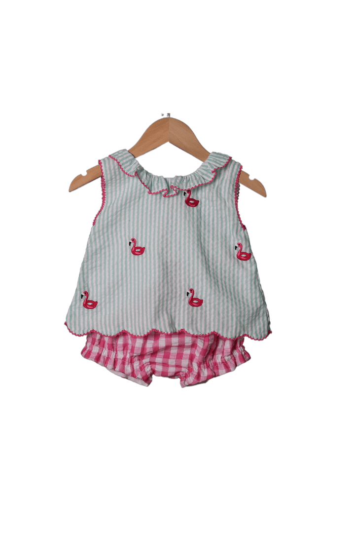 The Smocked Flamingo Apparel & Accessories Embroidered Flamingo Seersucker Bloomer Set