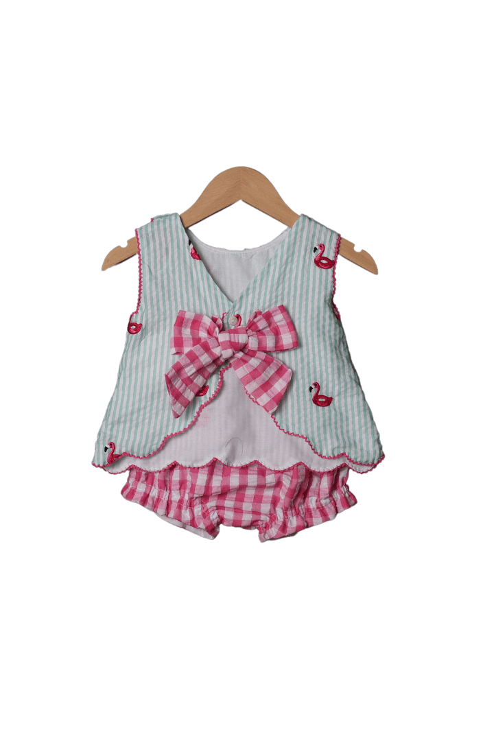 The Smocked Flamingo Apparel & Accessories Embroidered Flamingo Seersucker Bloomer Set