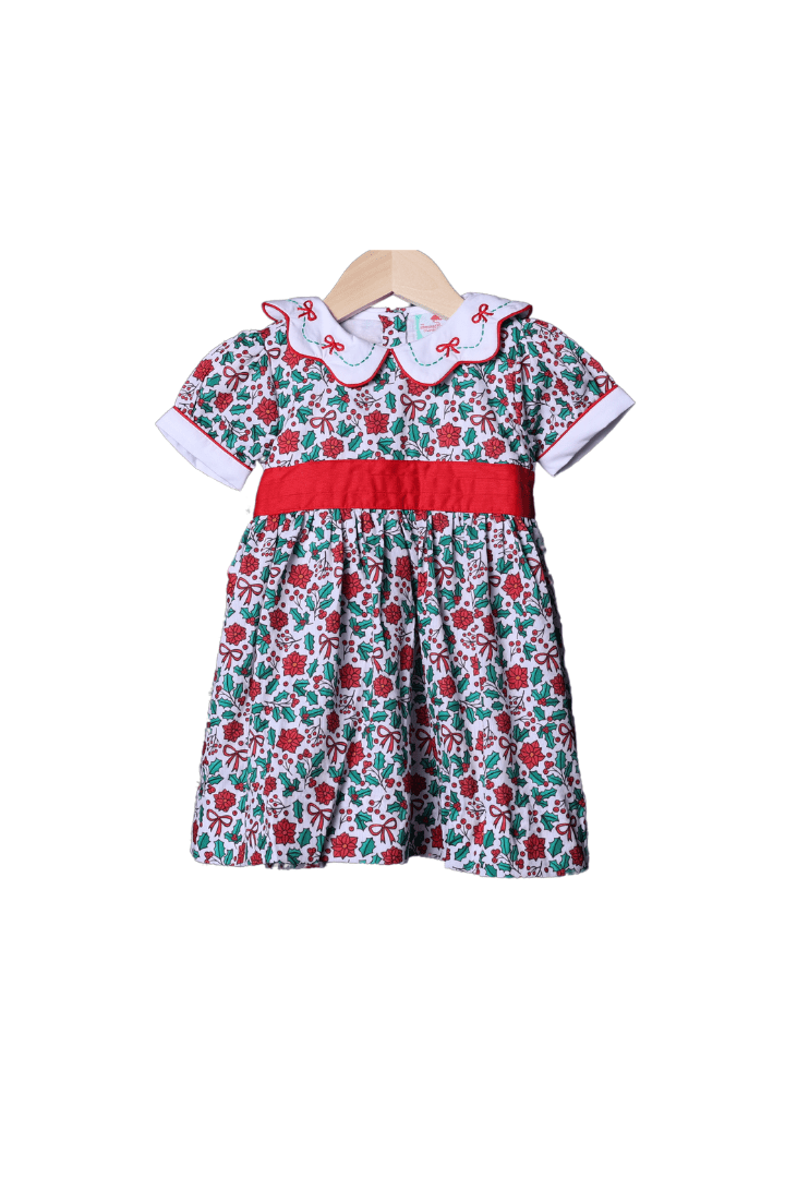 The Smocked Flamingo Apparel & Accessories Embroidered Floral Holly Bow Dress