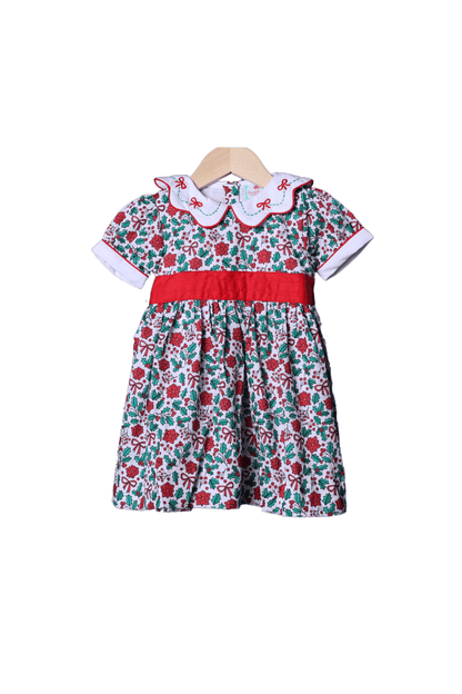 The Smocked Flamingo Apparel & Accessories Embroidered Floral Holly Bow Dress