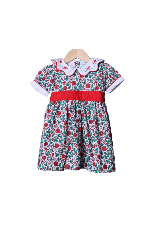 The Smocked Flamingo Apparel & Accessories Embroidered Floral Holly Bow Dress