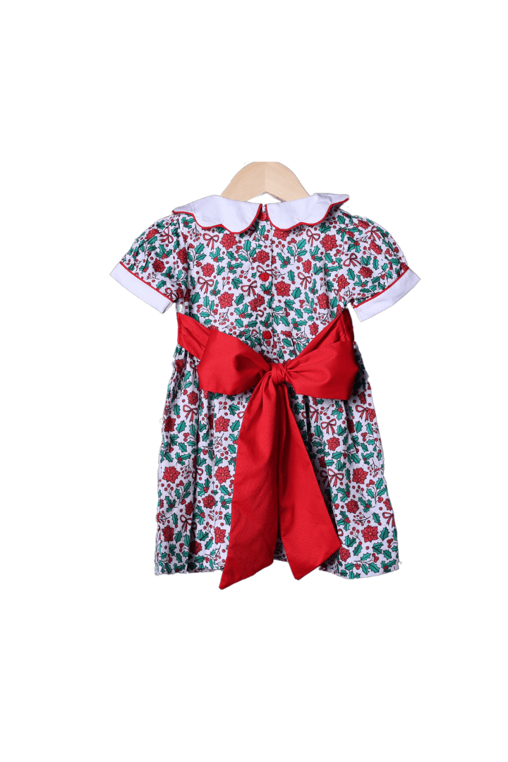 The Smocked Flamingo Apparel & Accessories Embroidered Floral Holly Bow Dress