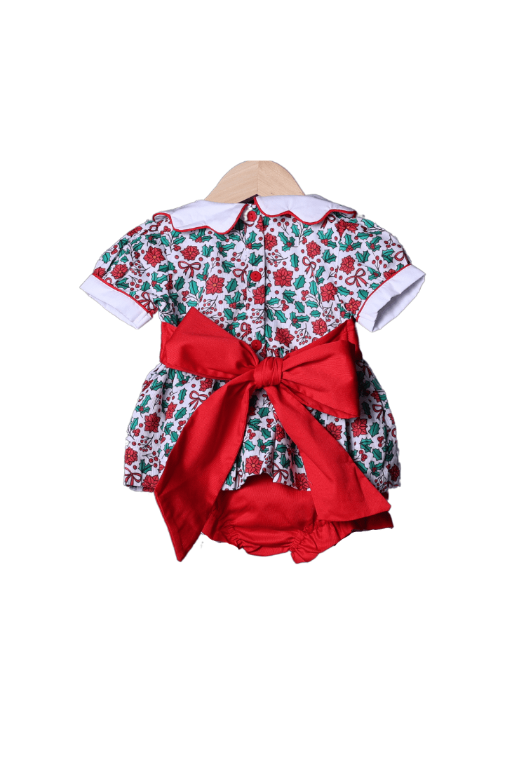 The Smocked Flamingo Apparel & Accessories Embroidered Floral Holly Bow Dress Bloomer Set