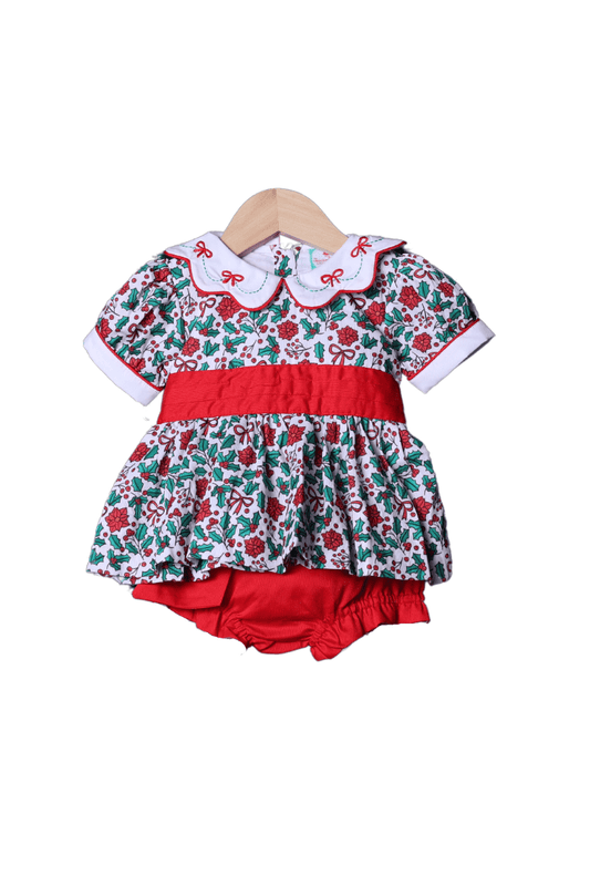 The Smocked Flamingo Apparel & Accessories Embroidered Floral Holly Bow Dress Bloomer Set