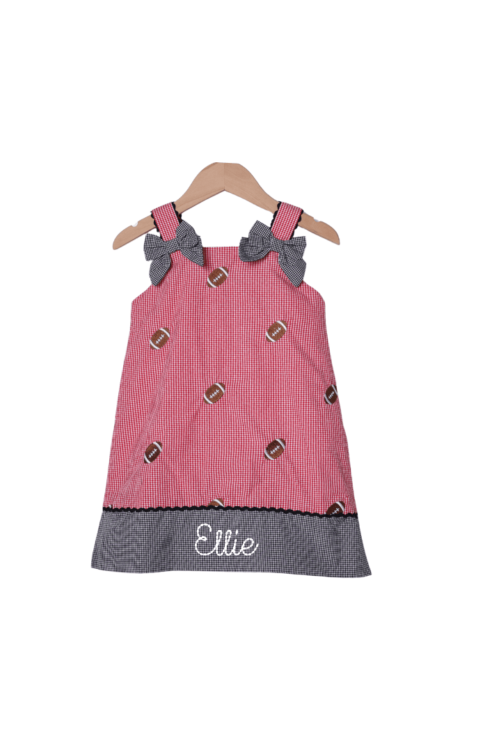 The Smocked Flamingo Apparel & Accessories Embroidered Football Red Gingham Dress