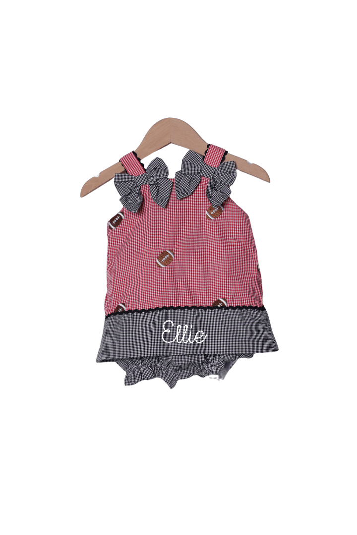 The Smocked Flamingo Apparel & Accessories Embroidered Football Red Gingham Skirted Bubble