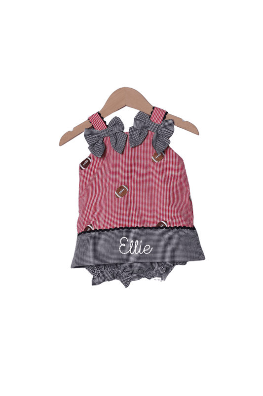 The Smocked Flamingo Apparel & Accessories Embroidered Football Red Gingham Skirted Bubble