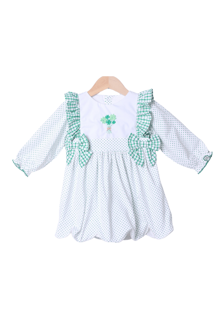 The Smocked Flamingo Apparel & Accessories Embroidered Four Leaf Clover Swiss Dot Scalloped Dress