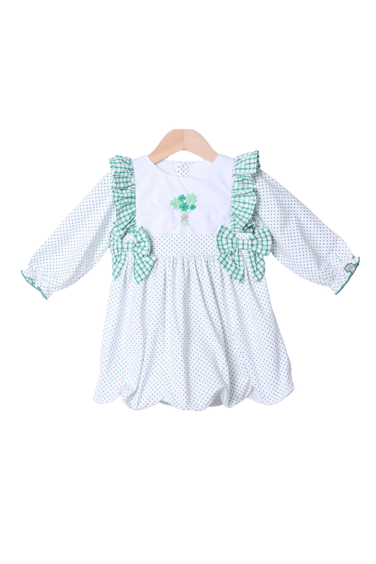 The Smocked Flamingo Apparel & Accessories Embroidered Four Leaf Clover Swiss Dot Scalloped Dress