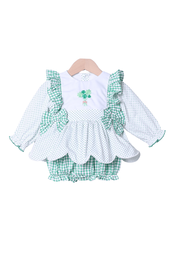 The Smocked Flamingo Apparel & Accessories Embroidered Four Leaf Clover Swiss Dot Scalloped Skirted Bubble