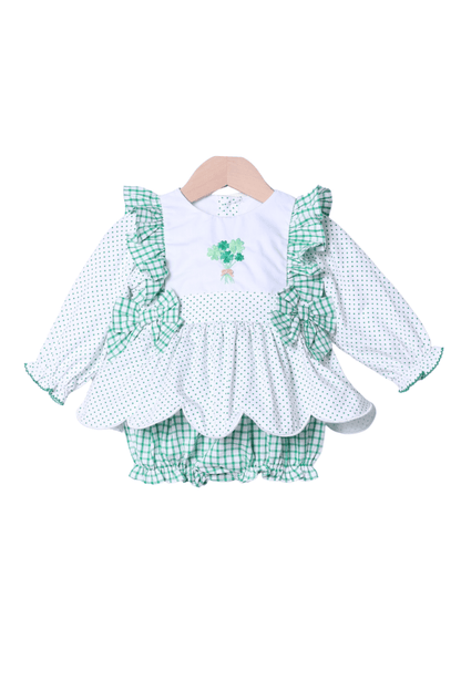 The Smocked Flamingo Apparel & Accessories Embroidered Four Leaf Clover Swiss Dot Scalloped Skirted Bubble