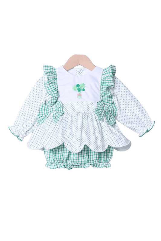The Smocked Flamingo Apparel & Accessories Embroidered Four Leaf Clover Swiss Dot Scalloped Skirted Bubble
