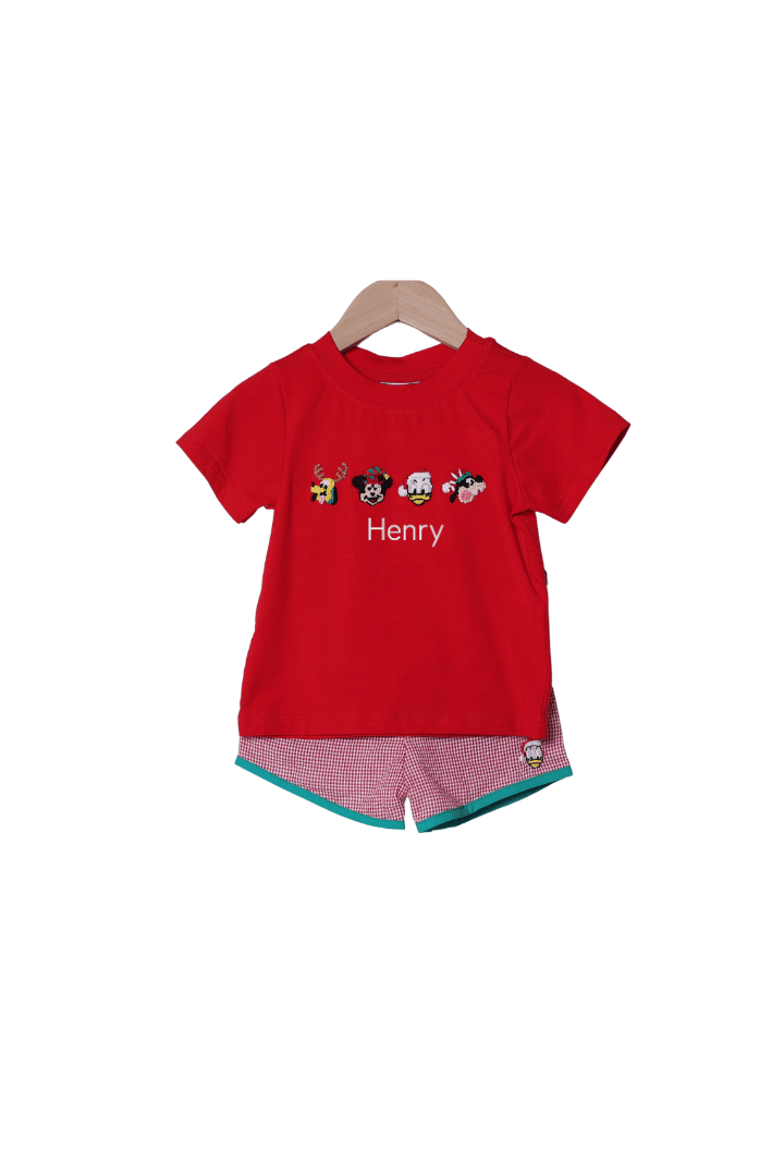 The Smocked Flamingo Apparel & Accessories Embroidered/French Knot Mouse and Friends Red Gingham Short Set