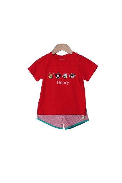 The Smocked Flamingo Apparel & Accessories Embroidered/French Knot Mouse and Friends Red Gingham Short Set
