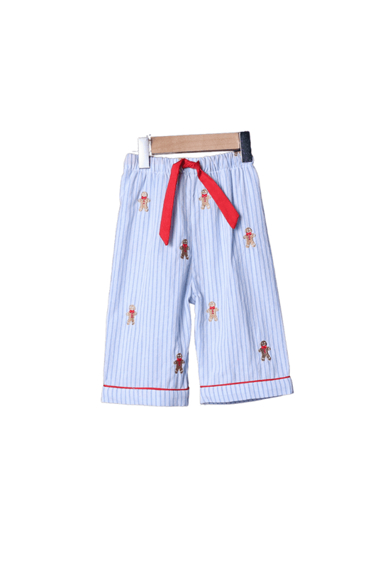 The Smocked Flamingo Apparel & Accessories Embroidered Gingerbread Blue Pinstripe Pajama Pants