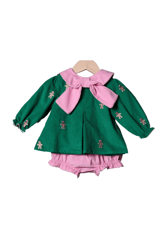 The Smocked Flamingo Apparel & Accessories Embroidered Gingerbread Green Corduroy Bloomer Set