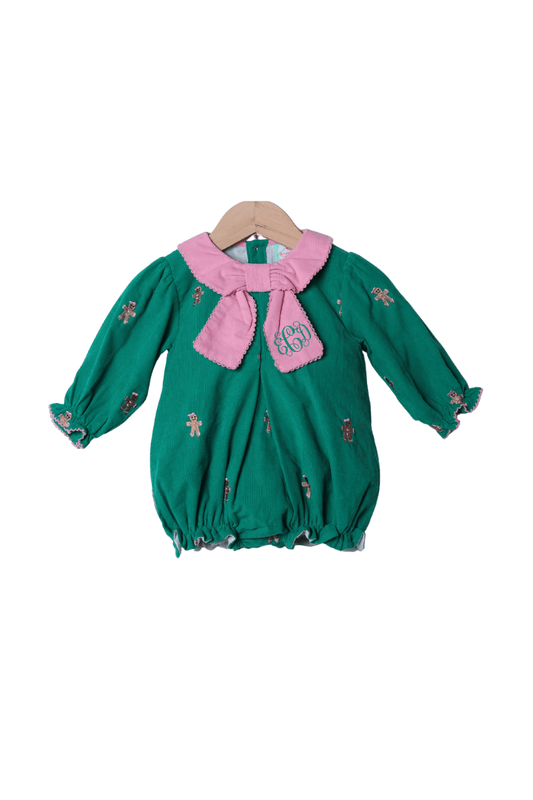 The Smocked Flamingo Apparel & Accessories Embroidered Gingerbread Green Corduroy Bubble