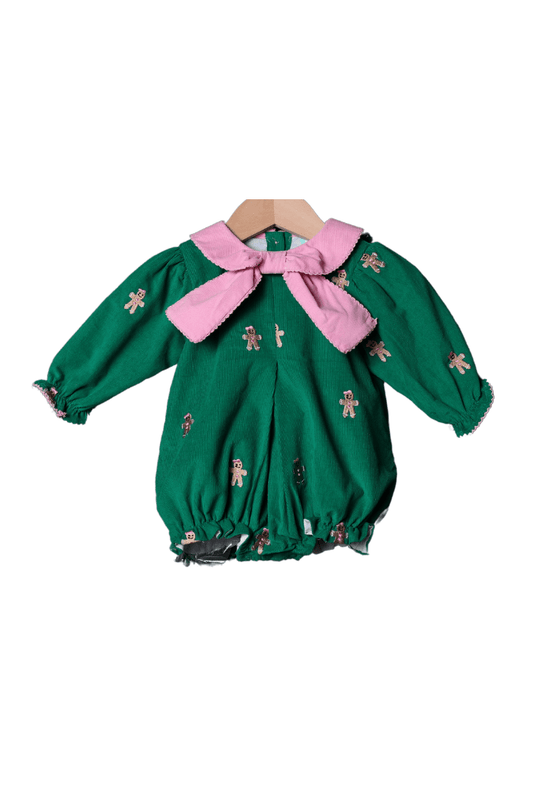 The Smocked Flamingo Apparel & Accessories Embroidered Gingerbread Green Corduroy Bubble