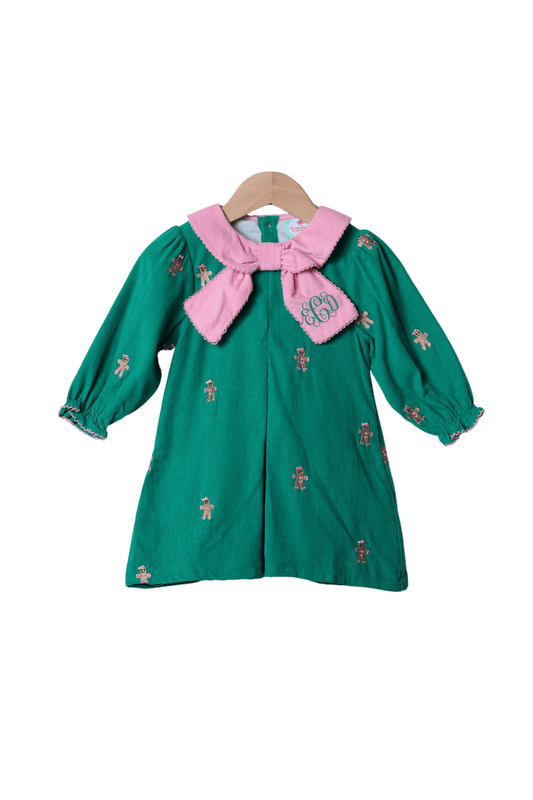 The Smocked Flamingo Apparel & Accessories Embroidered Gingerbread Green Corduroy Dress
