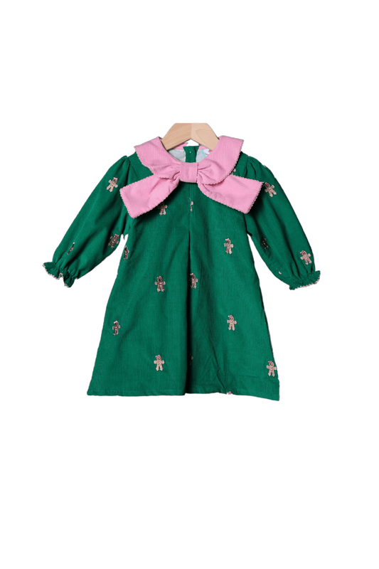 The Smocked Flamingo Apparel & Accessories Embroidered Gingerbread Green Corduroy Dress