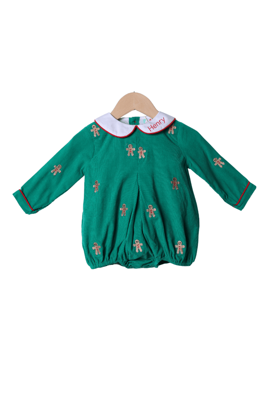 The Smocked Flamingo Apparel & Accessories Embroidered Gingerbread Man Green Corduroy Bubble