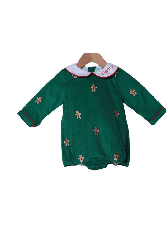 The Smocked Flamingo Apparel & Accessories Embroidered Gingerbread Man Green Corduroy Bubble