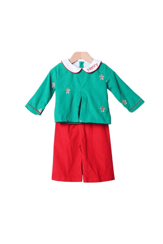The Smocked Flamingo Apparel & Accessories Embroidered Gingerbread Man Green/Red Corduroy Pant Set
