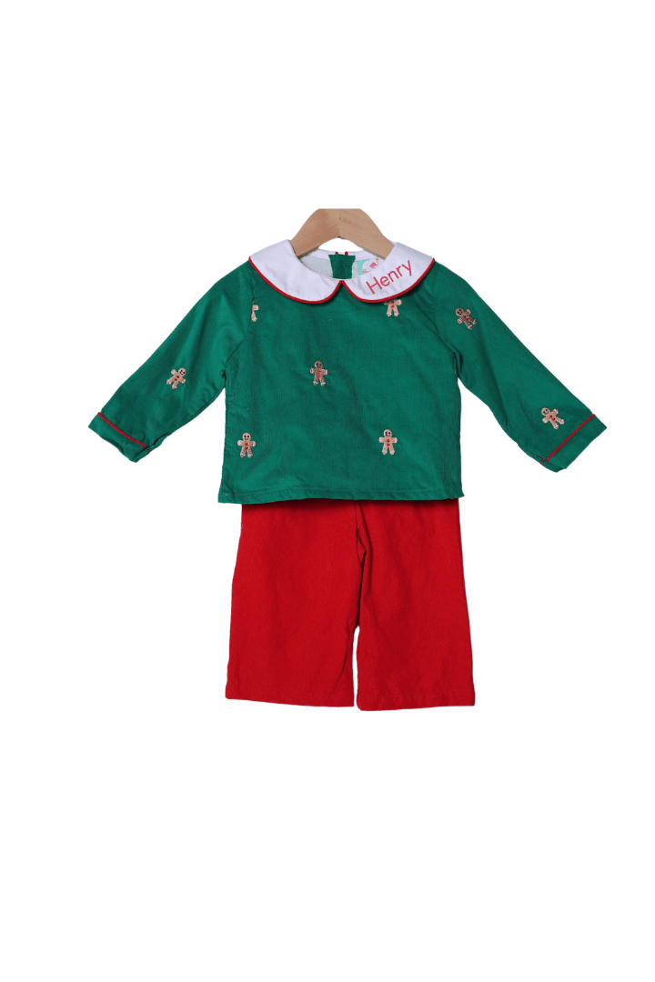 The Smocked Flamingo Apparel & Accessories Embroidered Gingerbread Man Green/Red Corduroy Pant Set