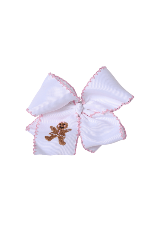 The Smocked Flamingo Apparel & Accessories Embroidered Gingerbread Scalloped Edge Grosgrain Bow White/Pink