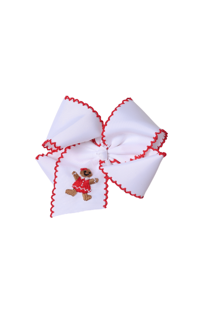 The Smocked Flamingo Apparel & Accessories Embroidered Gingerbread Scalloped Edge Grosgrain Bow White/Red