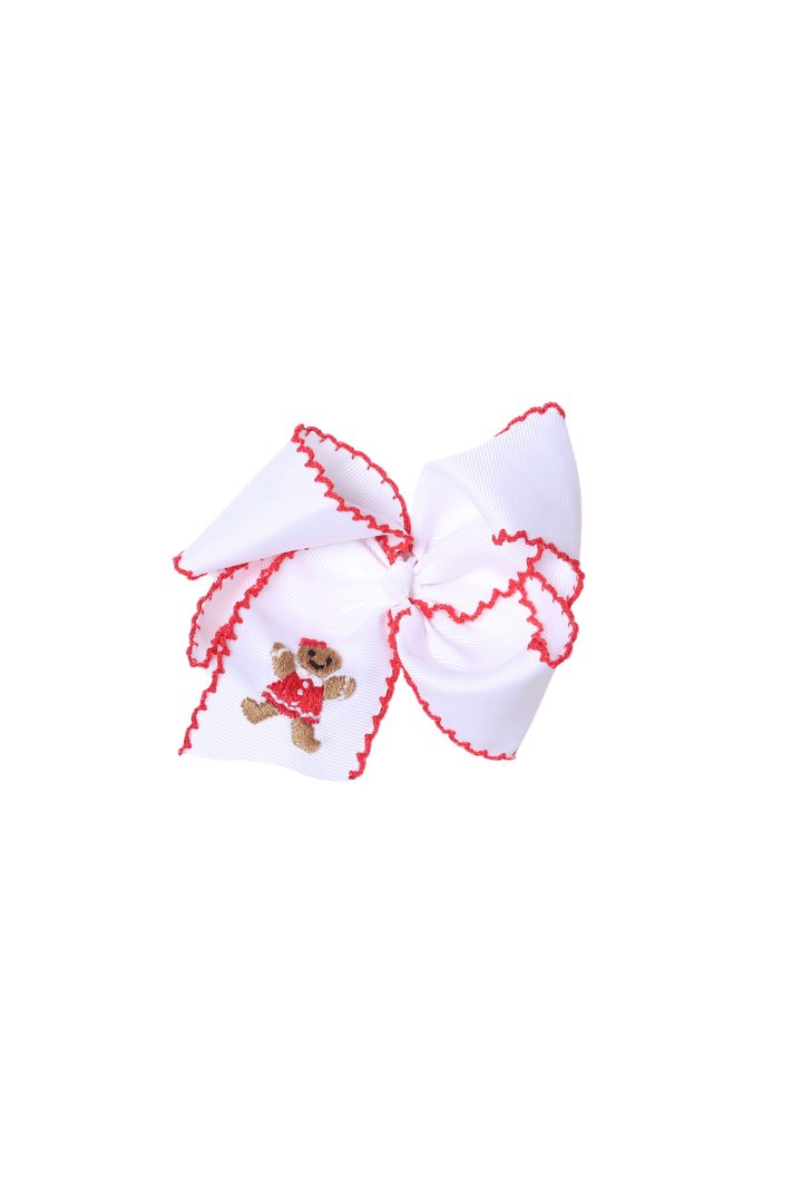 The Smocked Flamingo Apparel & Accessories Embroidered Gingerbread Scalloped Edge Grosgrain Bow White/Red