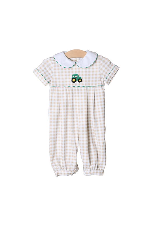 The Smocked Flamingo Apparel & Accessories Embroidered Gingham Tractor Romper