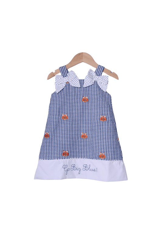 The Smocked Flamingo Apparel & Accessories Embroidered Go Big Blue Gingham  Dress
