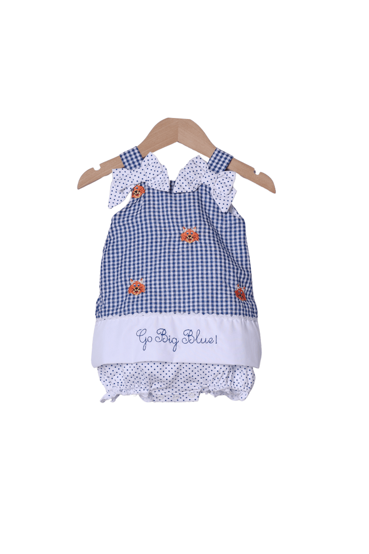 The Smocked Flamingo Apparel & Accessories Embroidered Go Big Blue Gingham Skirted Bubble