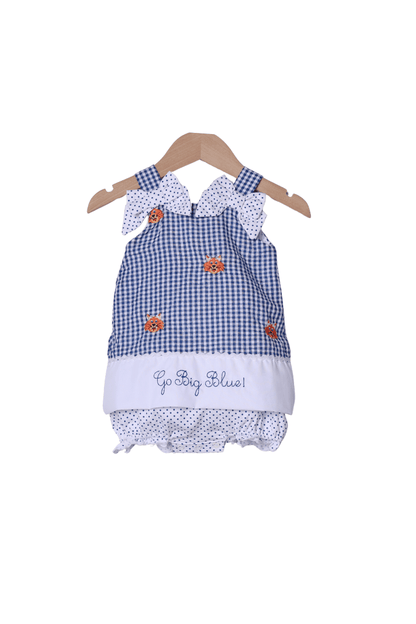 The Smocked Flamingo Apparel & Accessories Embroidered Go Big Blue Gingham Skirted Bubble
