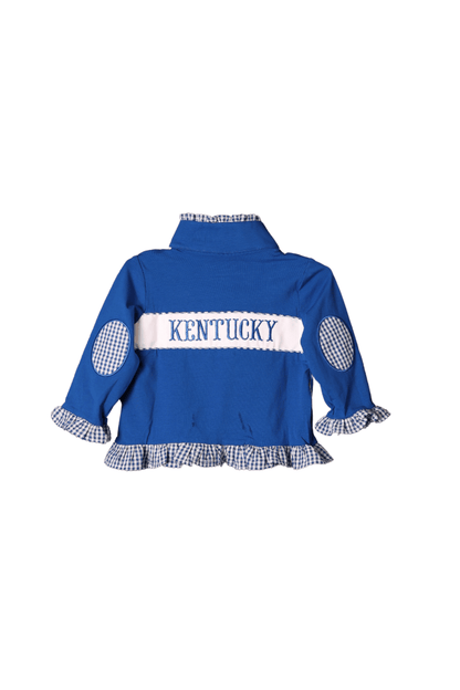 The Smocked Flamingo Apparel & Accessories Embroidered Go Cats Royal Blue/Gingham Ruffle Pullover