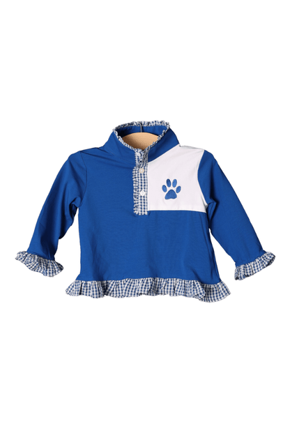 The Smocked Flamingo Apparel & Accessories Embroidered Go Cats Royal Blue/Gingham Ruffle Pullover