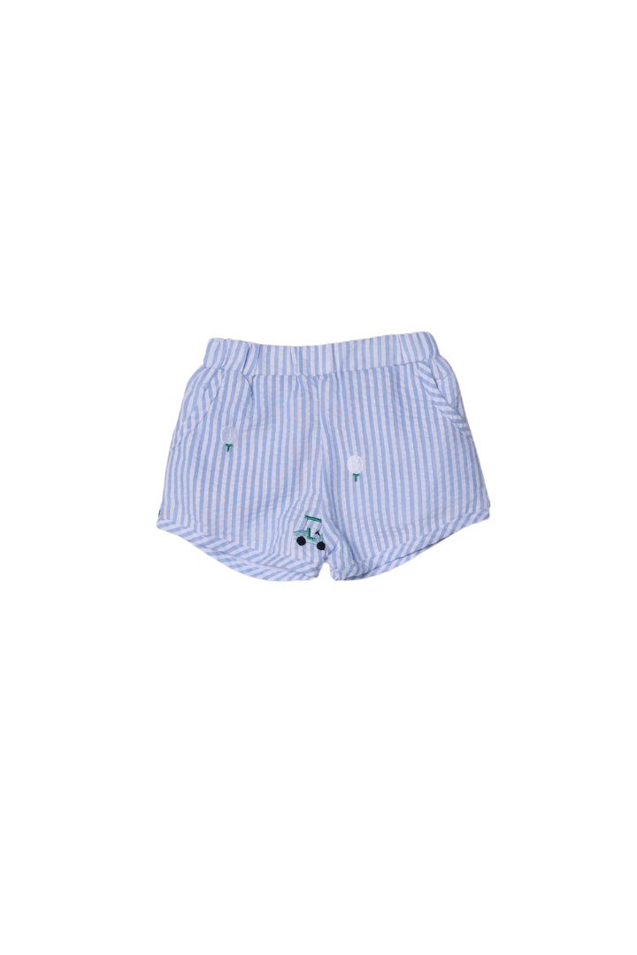 The Smocked Flamingo Apparel & Accessories Embroidered Golf Blue Seersucker Short Set
